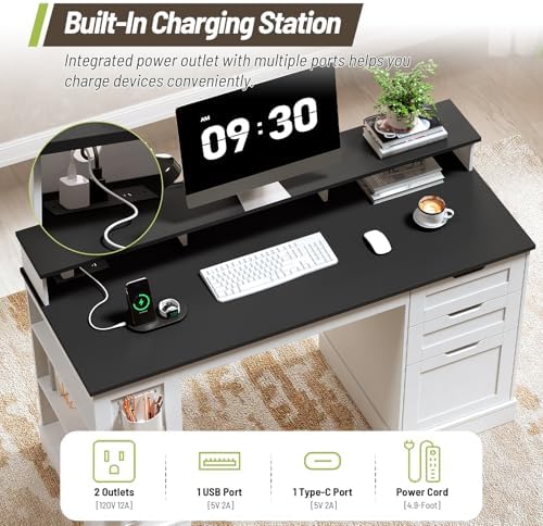 55-Inch Farmhouse Executive Desk with 2 Drawers and File Cabinet, Computer Desk with 3-Tier Storage Shelves, Home Office Desk with Charging Station, Pegboard and Monitor Shelf, White and Black
