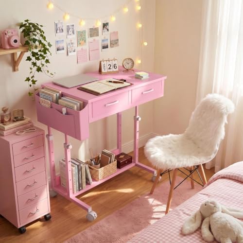 Pink Rolling Desk with Drawers, Small Height Adjustable Girls Standing Desk