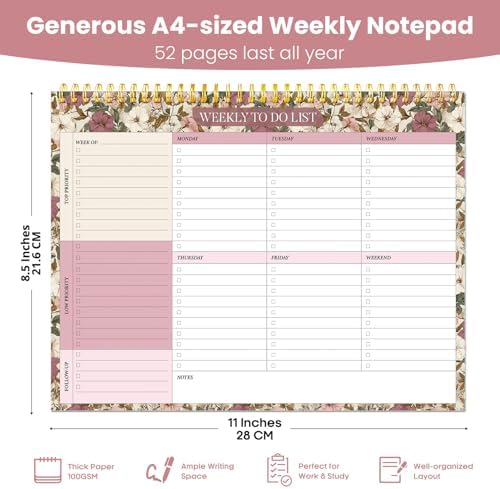 Weekly To Do List Notepad with 52 Undated Sheets（8.5"×11"）- Undated Weekly Planner Notepad for Office Desk Accessories and Supplies - Mauve Muse