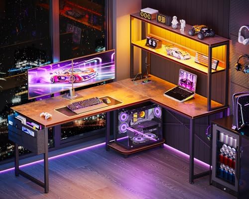 ODK 53" L Shaped Gaming Desk with Shelves, LED & Outlets, Vintage