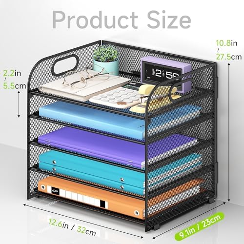 Cawukege 2 Pack 5 Tier Paper Organizer, Letter Tray with Handle, Mesh Desk Organizer, Metal File Organizer, Office Desk Accessories for Home, Office, Classroom, School -Black