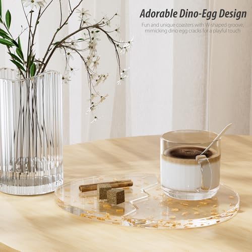 Acrylic Coaster Decorative Plates,2Pcs/Set Office Desk Accessories, Clear Dinosaur Egg Shape Coffee Cup Decor, Perfect for Tabletop Protection and Display.（Gold）