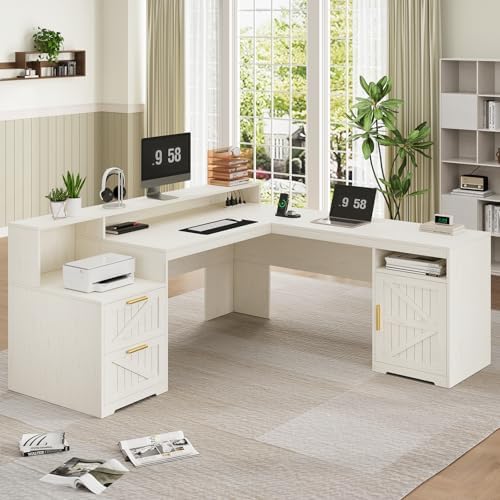 63" Farmhouse L Shaped Desk with Drawers & Printer Shelf for Home Office