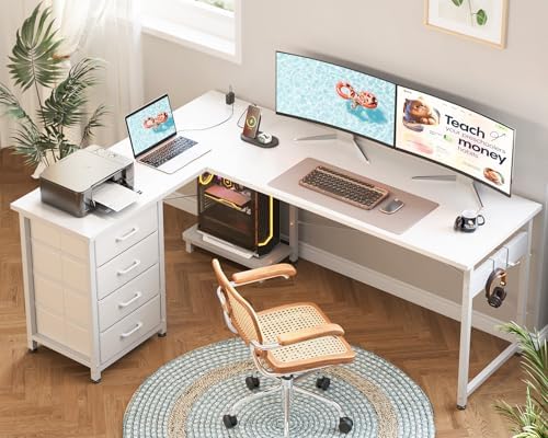 AODK 61" L Shaped Gaming Desk with 4 Drawers and Power Outlets, White