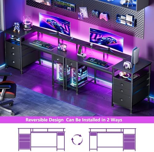 Furologee 52" Gaming Desk with 4 Drawers & LED Lights, Power Outlet, Black