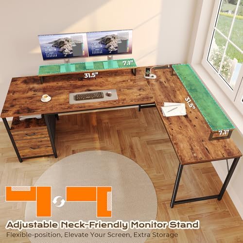 PRAISUN 63 Inch L Shaped Desk with Power Outlets and USB-C Port, Computer Corner Home Office Desk with File Fabric Drawers and Movable Monitor Stand, Larger Storage, Gaming, Writing, Rustic Brown