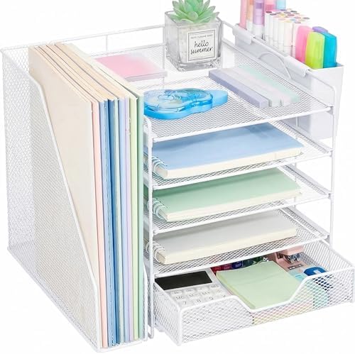 5-Tier Desk File Organizer with Drawer & Pen Holder (White)