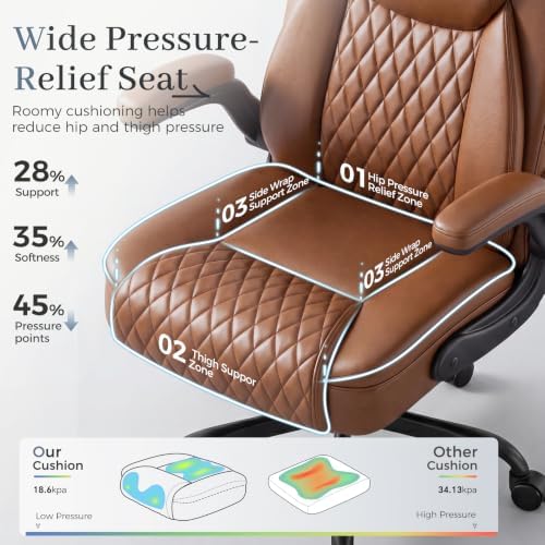 GTPOFFICE Executive Office Chair with Comfortable Lumbar Support, Ergonomic Gaming Chair with Flip-up Armrests & Zoned Pressure-Relief Cushion, Comfy PU Leather Desk Chair, Brown