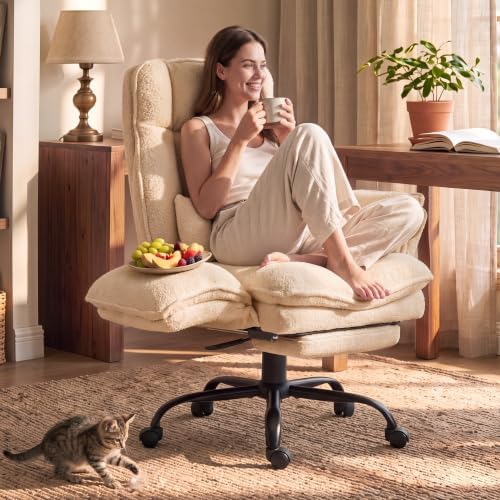 Wider Seat Office Chair with Flip Armrests for Criss Cross Legged&Cats, Big and Tall Executive Ergonomic Reclining Chair with Footrest&Lumbar Pillow, Teddy Fleece Desk Chair,Beige Vanity Chair
