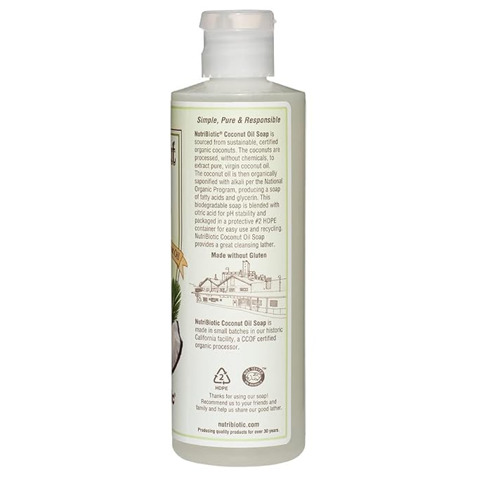 NutriBiotic – Pure Coconut Oil Soap, Unscented 8 Oz | Certified Organic, Unrefined, Biodegradable | Vegan & Made without GMOs, Gluten, Parabens or Sulfates | Rich, Cleansing Lather