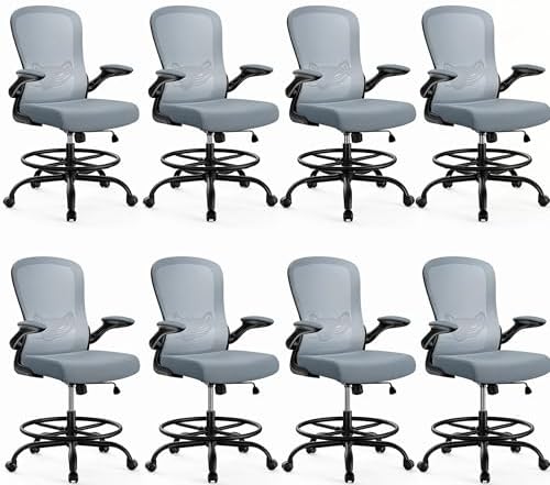 ErGear Drafting Chair,Tall Office Chair with Flip-Up Armrests, High Desk Chair Adjustable Height and Adjustable Footrest Ring, Ergonomic Standing Desk Chair with Lumbar Support, Blue,8 Pack