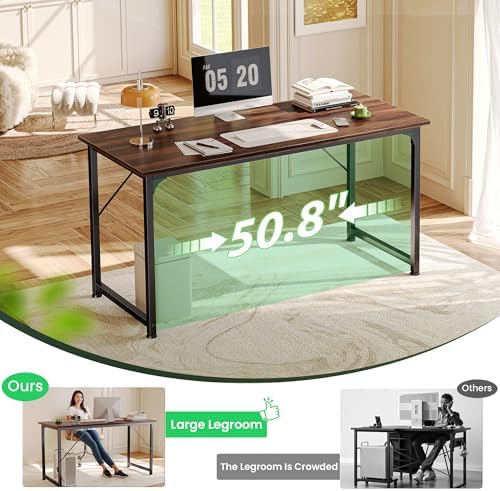 Huuger Computer Desk, 54 Inch Office Desk, Gaming Desk with Storage, Writing Desk Work Desk for Home Office, Study, Modern Simple Desk, Large Legroom, Metal Frame, Walnut
