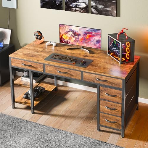 Huuger Computer Desk with 6 Drawers, Office Desk with Shelves, Reversible Gaming Desk, Corner Desk with Storage, Work for Home Office, Study, Living Room, 47inch, Rustic Brown