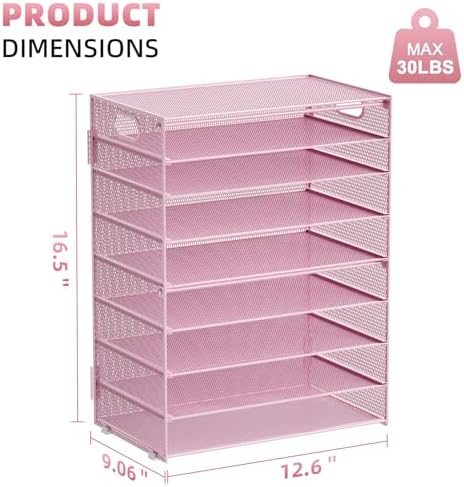 Marbrasse Paper Organizer Letter Tray, 9 Tier Mesh File Organizer with Handle, Paper Sorter Desk Organizer for Home Office Supplies - Pink
