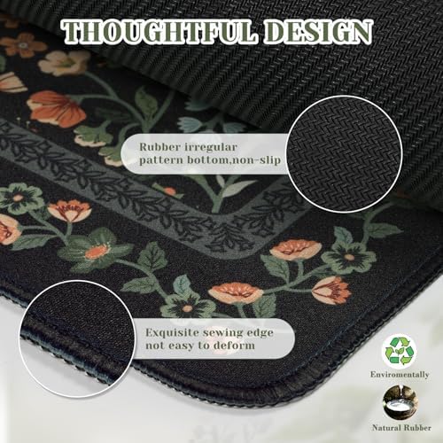 iCasso Aesthetic Floral Desk Mat,Retro Mouse Pads,31.5x11.8in, Black