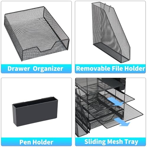 5-Tier Desk File Organizer with Drawer & Pen Holder (Black)