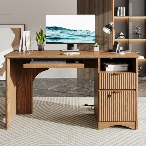 Bestier 55" Office Desk with Locking File Drawer & Charging, Brown