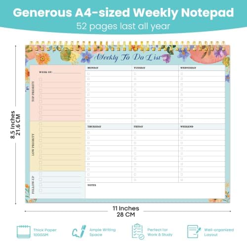Weekly To Do List Notepad with 52 Undated Sheets（8.5"×11"）- Undated Weekly Planner Notepad for Office Desk Accessories and Supplies - Botanic Whimsy