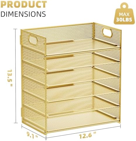 Marbrasse 2 Pack Desk Organizer with Handle, 6 Tier Paper Letter Tray, Mesh Desk File Organizer for Office, School and Home - Gold
