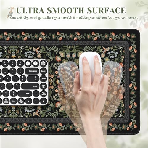 iCasso Aesthetic Floral Desk Mat,Retro Mouse Pads,31.5x11.8in, Black