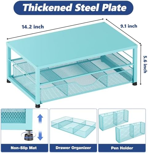OPNICE Desk Organizer and Accessories, 2-Tier Computer Monitor Stand Riser with Drawer and 2 Pen Holders, Laptop Stand, Office Desk Accessories for Office Supplies, Teal Blue