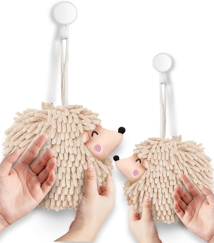 Sophie & Panda Fuzzy Ball Hand Towels - Smiley Hedgehog Hand Towels Family Set – Dry Your Hands Instantly and Conveniently with These Decorative Towels for Bathroom (2-Pack Beige)