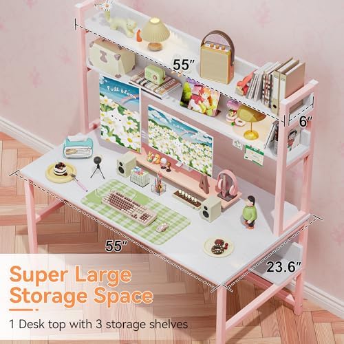Aquzee Pink Desk with Shelves, Computer Desk with Hutch, 55 Inch