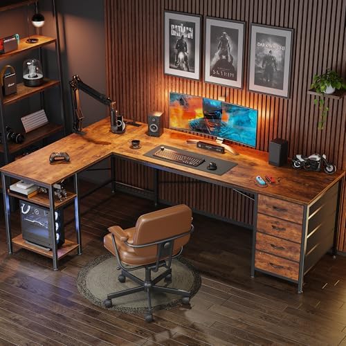Huuger 63 Inch L Shaped Desk with Fabric Drawers, Computer Office Desk with Power Outlets and USB-C Port, Corner Desk with Storage Shelves, Work Study Home Office, Reversible, Rustic Brown