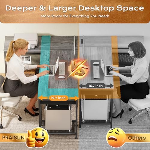 PRAISUN 63 Inch L Shaped Office Desk with Power Outlets and Type-C Port, Large Computer Gaming Desk with 3 Fabric Drawers, Mesh Shelves, Corner Study Work Writing Desk, Grey