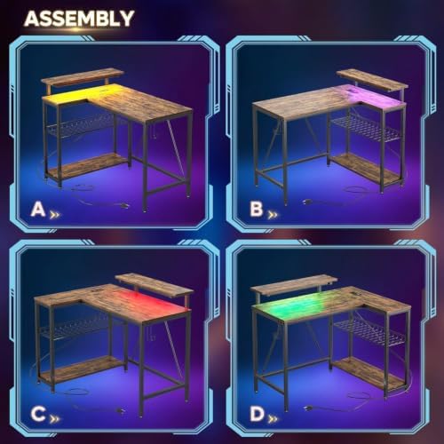 Bestier 42-Inch L-Shaped Gaming Desk with Charging & LED, Rustic Brown