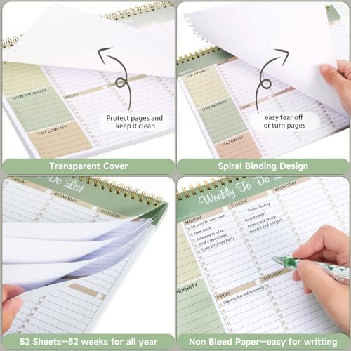 Thboxes Weekly To Do List Notepad, 8.5"x11" Desk Planner 52 Sheets, Green