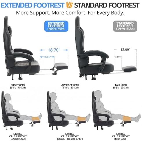Desk Computer Gaming Chair - Ergonomic Game Office Chair with Extended Footrest and Massage Lumbar Support, Home Gamer Video Game Chairs with Spring Cushion for Adults (Pro Black Leather)