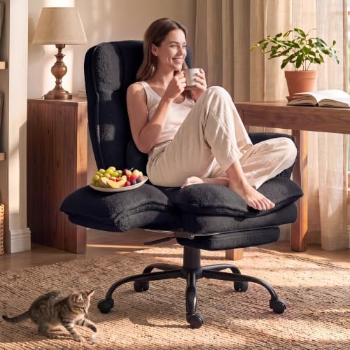 Wider Seat Office Chair with Flip Armrests for Criss Cross Legged&Cats, Big and Tall Executive Ergonomic Reclining Chair with Footrest&Lumbar Pillow, Teddy Fleece Desk Chair,Black Vanity Chair