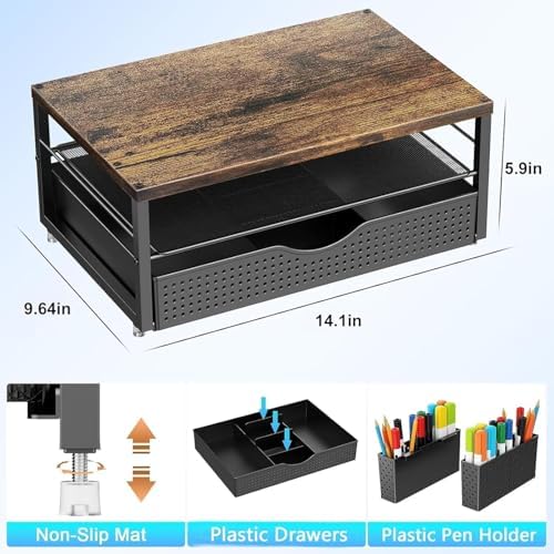 gianotter Desk Organizers and Accessories, Monitor Stand with Drawer and 2 Pen Holder, Desktop Organizer Suitable for Offices and Dormitories (Wood)
