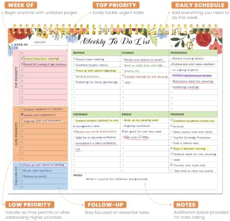 Weekly To Do List Notepad with 52 Undated Sheets（8.5"×11"）- Undated Weekly Planner Notepad for Office Desk Accessories and Supplies - Floral Daylight