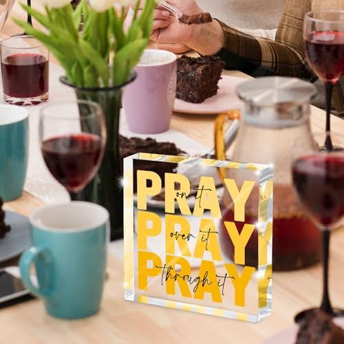 Yellow Dorm Room Decor for Women, Yellow Bathroom Decoration, Ideal Christian Gifts for Women - Pray On It,Pray Over It - Bible Verse Desk Art, Inspirational Decor, Desk Decorations for Office, 4 x 4 inches