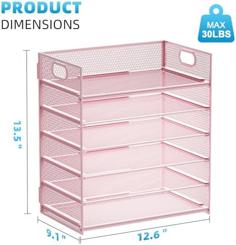 Marbrasse 6 Tier Paper Organizer Letter Tray - Mesh Desk File Organizer with Handle, Paper Sorter for Letter/A4 Office File Folder Holder -Pink