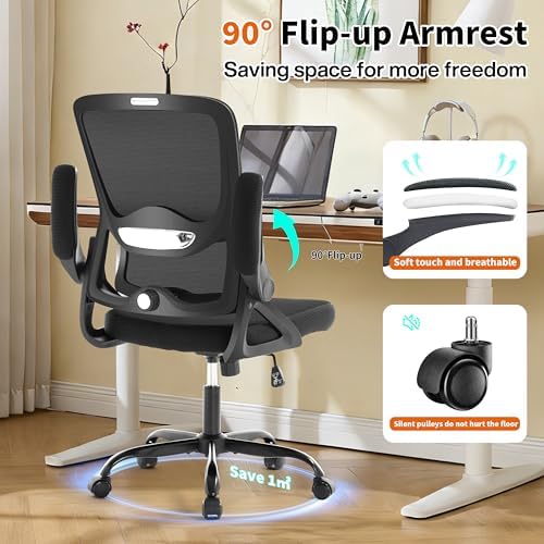 Ergonomic Office Chair,Mesh Office Chair with Lumbar Support,Mid Back Desk Chair with Flip-up Arms,400 lbs Comfy Computer Chair for Home Office