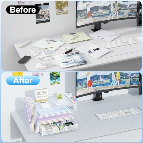 gianotter Desk Organizers and Accessories with File Holder, 4-Tier Desk Accessories & Workspace Organizers with Drawer and 2 Pen Holder, Paper Organizer for Office Supplies (White)