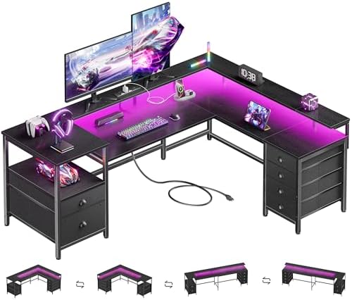 Furologee 66'' L Shaped Gaming Desk with 6 Drawers, LED, Outlets, Black