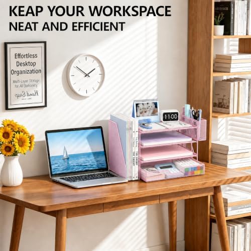 OPNICE Desk Organizers and Accessories, 4-Tier Desktop File Organizer with Drawer and Pen Holders, Office Desk Accessories Workspace Organizers for Office Supplies (Soft Pink)