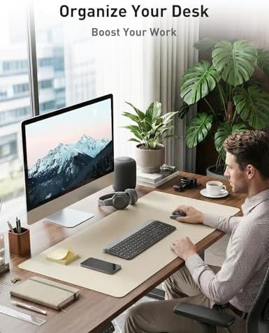 Aothia Faux Leather Desk Mat - Non-Slip PU Leather Desk Blotter, Waterproof Writing Surface, Large Desk Pad for Office & Home (Beige, 55" x 17")