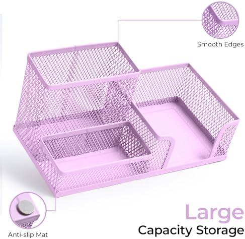 M&G Mesh Pen Holder Desk Organizers Pencil Holder for Desk Purple, 3 Compartments Metal Office Supply Organizer with Sticky Notes Holder for Home Office