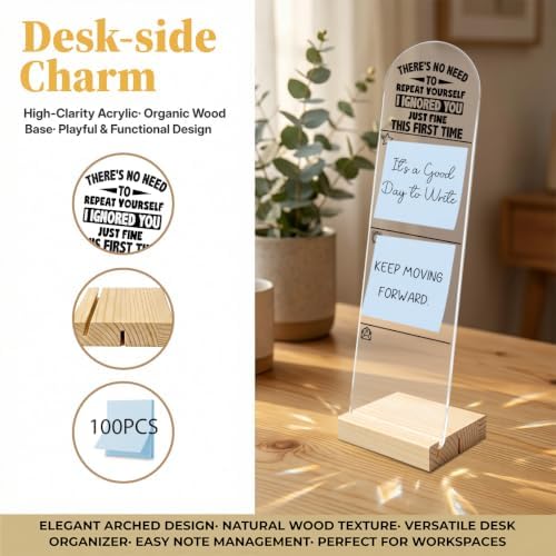 Sticky Note Holder, Monitor Memo Board, Message Board, Acrylic Desk Organizer with Wooden Base with 100Pcs Notes for Office Worker Men Women, Home Desktop and Office Desk I Ignored You Just Fine