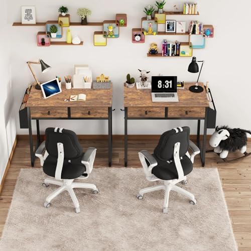 Lufeiya Small Computer Desk with 2 Drawers for Bedroom, 31 Inch Home Office Desk with Storage Fabric Drawer and Bag, Study Writing Table for Small Spaces, Rustic Brown