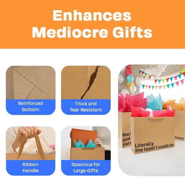 MilkToast Brands Funny Gift Bags Set of 5 – Large 16 x 6 x 12 inch Kraft Gift Bags with Snarky Sayings – Reusable, Eco-Friendly Gag Gift Wrapping for Birthdays, Holidays, Mother's Day, Father's Day