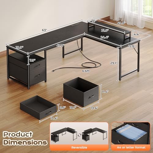 PRAISUN 63 Inch L Shaped Desk with Power Outlets and USB-C Port, Computer Corner Home Office Desk with File Fabric Drawers and Movable Monitor Stand, Larger Storage, Gaming, Writing, Work, Black
