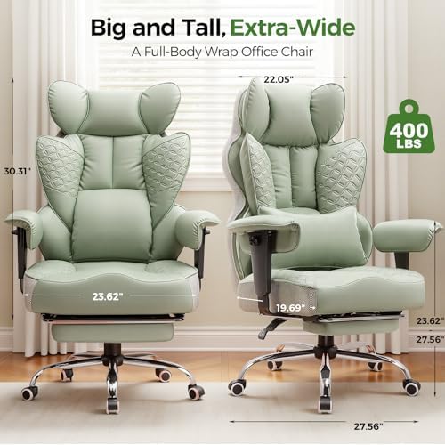 GTPLAYER Big and Tall Gaming Chair 400lbs Heavy Duty Office Chair with Foot Rest & Ergonomic Pocket Spring Lumbar Support, High Back 3D Saddle Shaped Cushion for Back Pain Relief, Green