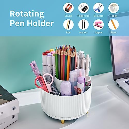 Marbrasse Desk Organizer, 360-Degree Rotating Pen Holder, Desk Organizers and Accessories with 5 Compartments Pencil Holder, Art Supply Storage Box Caddy for Office, Home（White）