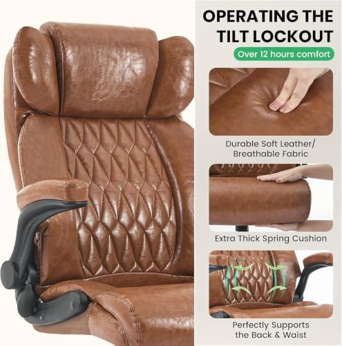 500lbs Big and Tall Office Chair Adjustable Lumbar Support for Back Pain, Extra Wide Seat Executive Office Chair Thick Armrest Pad, Heavy Duty Base&Upgraded Wheels, Ergonomic Desk Chair (Brown)
